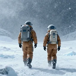 Two space survivors walking in a icebound world in a blizzard, award winning, trending on artstation, unreal engine