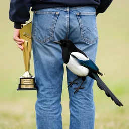a eurasian magpie clothed in pants, jeans, denim, levis, wildlife photography, award winning photograph