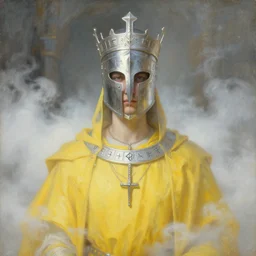 portrait of a divine helmet knight dressed in yellow robes and helmet, silver crown, runes, jewelry, mystical, ethereal, magical white fog, painting by greg rutkowski and alphonse mucha