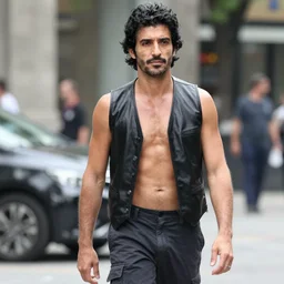 photo of fabio lanzoni with black hair and a five o clock shadow wearing a black black leather vest vest, shirtless, dark cargo pants 9 9 9 0 0 0
