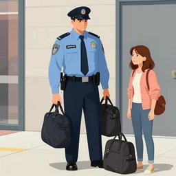 tall, security guard checks the bags of a worried looking woman, art in the style of the new yorker