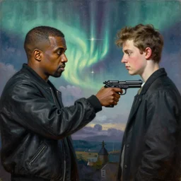 a detailed profile oil painting of kanye west pointing a gun to pete davidson, bounty hunter portrait symmetrica, aurora lighting clouds and stars by beksinski carl spitzweg and tuomas korpi. intricate artwork by caravaggio. Trending on artstation. 8k