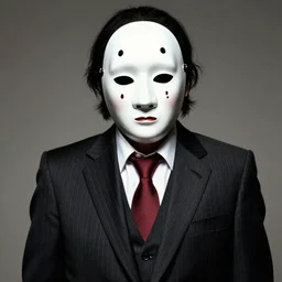 businessman wearing a creepy noh mask and pinstripe suit, menacing, character art by tim bradstreet