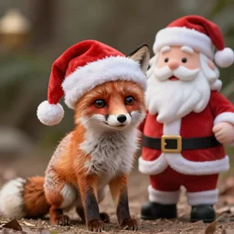 cute fox, wearing santa hat stood next to santa claus, realistic cinematic lighting, establishing action shot, ultra detailed, hyper realism, photo, octane render,