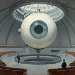 giant mechanical eye being lowered through the roof of a dome - shaped control center, grant wood, pj crook, edward hopper, oil on canvas