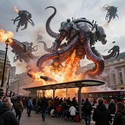 a perfect reportage photograph of the bow area of london being engulfed in an invading aerial fleet of armoured gargantuan giant mechanised squids, bombarding the area with flaming jelly attacks. the crowds below are cowering beneath a bus shelter.