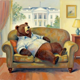 an expressionist drawing of a bear laying in a sofa, wearing a shirt, panting because it's so warm. in a living room of the white house.