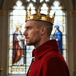 side - view portrait of a man wearing a golden crown, crowned, crown with short spikes, stern and confident, buzzcut, stubble, he wears a red coat, gothic stained glass window, very masterful, royal, backlit