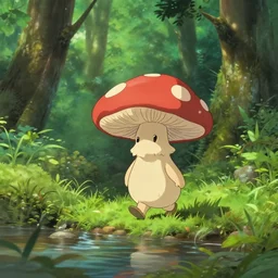 a tiny mushroom person with a mushroom for a head walking by a stream in a lush forest. cgsociety masterpiece, artstation trending, by rossdraws, ghibli, Kimi no Na wa, greg rutkowski