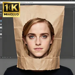emma watson with a brown paper bag over covering her head and face, ( sony a 7 r iv, symmetric balance, polarizing filter, photolab, lightroom, 4 k, dolby vision, photography awardm, voque, perfect face )
