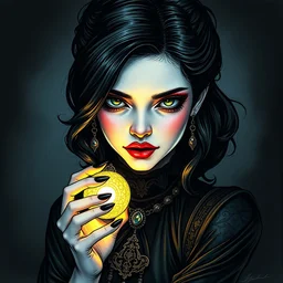 copic marker art of elegant gothic girl with glowing pendant, digitally coloured, by caestrad, collin estrada, instagram, deep blacks, high contrast, intense lighting, artstation, highly detailed, confident, textured, artgerm, chris cold
