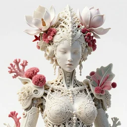 intricate hyper detailed ultra sharp focus 3 d render of a beautiful porcelain ivory fair woman medium shot portrait, close - up, bright 3 point light, alexandre ferra georg loschner white mecha, cyberpunk mechanical haute couture huge fractal mycelum and fungi filigree lace, rasberry chili red sponge corals, huge magnolia goliath head ornaments, big embroidered leaves sinuous roots, octane render, pearls, volumetric cinematic lighting, 8 k, vray tracing, no dof, no blur