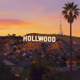a beautiful illustration of a sunset over Hollywood by Art Fitzpatrick