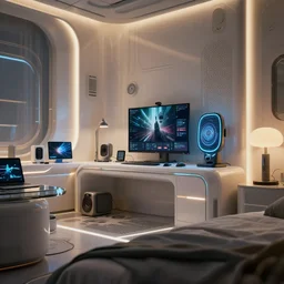 Interior of a simple futuristic bedroom cluttered with electronics, close up, Wadim Kashin, Simon Stalenhag,  XF IQ4, f/1.4, ISO 200, 1/160s, 8K, RAW, featured in artstation, octane render, cinematic, elegant, intricate, 8k