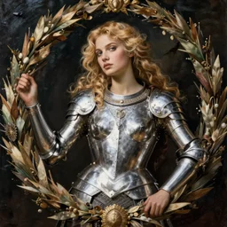 beautiful rugged sultry thick fanning, blonde hair, wearing silver armour, posing seductive, ornate wreath, oil painting by titian, hard focus, portrait