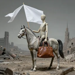 abstract mannequin abramovich on horsebag, holding a white flag, surrounded by a dystopian landscape, HD 8K
