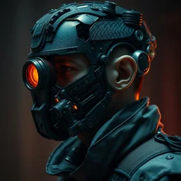 a rugged research engineer man with cybernetic enhancements, detailed opticsm mask, scifi character portrait by greg rutkowski, esuthio, craig mullins, 1 / 4 headshot, cinematic lighting, dystopian scifi gear, gloomy, profile picture, mechanical, half robot, implants, steampunk, warm colors