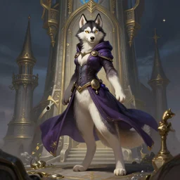 full body photograph of a female anthro husky fursona sorcerer in a magic tower, deep focus, intricate, elegant, highly detailed, digital painting, artstation, concept art, matte, sharp focus, illustration, d & d, fantasy, hearthstone, art by artgerm and greg rutkowski and alphonse mucha