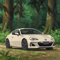 subaru brz in a forest by studio ghibli