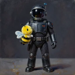Dark Helmet from Spaceballs holding a bee plushie. Full body, oil on canvas