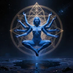 a blue levitating woman with four arms meditating over a puddle of outer space, dramatic lighting, sacred geometry, by alex grey, android jones, alexandros pyromallis, bouguereau, rutkowski, artgerm