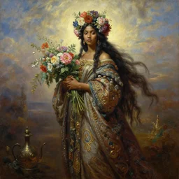 full body oil painting, a beautiful young dark woman, floral headdress, flowers, holding a bouquet of flowers, long flowing hair, ornate robe, ultra realistic, wide angle, intricate details, artifacts, luminous skies, highly detailed, michael cheval, peter mohrbacher, boris vallejo, jessica rossier, oil painting, highly detailed, cinematic lighting