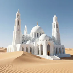 A cathedral made out of glistening white marble sinking into sand dunes, fusion between ancient and modern architecture, digital art
