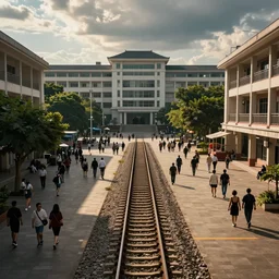 a high school plaza, railway tracks going through it, crowds surrounding it