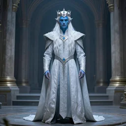 the prince of frost standing alone in his court, archfey, full - body portrait, fantasy, white hair, blue skin, wild eyebrows, young adult, elf, crown, hard edges, soft lighting, professional lighting, trending on artstation