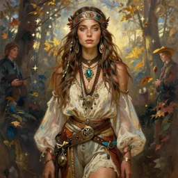 in full growth portrait of hippie model girl jodhpurs hyperborea autumn traveler treasure hunter greg manchess painting by sargent and leyendecker, fantasy, medium shot, asymmetrical, intricate, elegant, matte painting, illustration, hearthstone, by rhads, by greg rutkowski, by greg tocchini, by james gilleard, by joe fenton