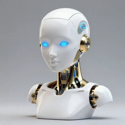 a soft white cyborg bust with metallic gold accents and glowing blue eyes