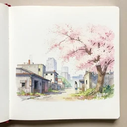 tatsuyuki tanaka art book, simple watercolor, soft bloom lighting, abandoned city, paper texture, movie scene, distant shot of hoody girl side view sitting under a yellow parasol in deserted dusty shinjuku junk town, old pawn shop, bright ground, hawken, phantom crash, robot monster