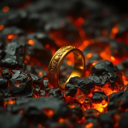 macro closeup film still of gold ring in lava in lord of the rings