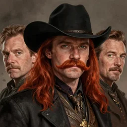 portrait close - up, karl urban, stephen fry, drunk cowboy redhead long hair, big moustache, black stetson and coat, dusty background, marvel comics, dark, intricate, highly detailed, smooth, artstation, digital illustration, ruan jia, rutkowski, albert bierstadt, frank tenney johnson