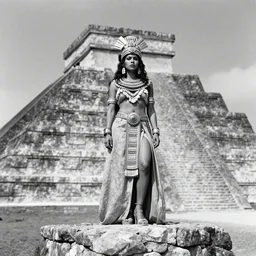 full body photo portrait of attractive provocative aztec beauty on top of the stone aztec pyramid as a priest, old photo, highly detailed, fashion photography,apocalypto movie, black and white, by Annie Leibovitz,Andreas Gursky, Dorothea Lange