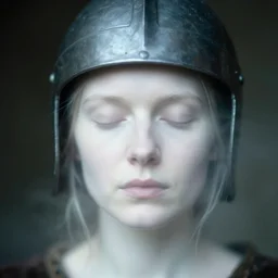 medieval!!!! helm, out of focus photorealistic portrait of a beautiful pale woman by saul leiter, very blurry, translucent white skin, closed eyes, foggy, pale lips