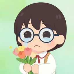cute anime character, holding flowers, wearing glasses, crying