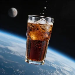 glass of soda floating in space