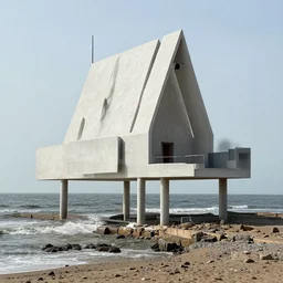 a concrete house above a rough ocean