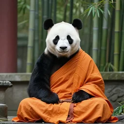a high quality photo of a panda monk, wearing orange clothes, meditating, sitting in front of a temple. bamboo forest in the background.