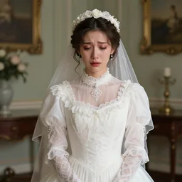 detailed studio portrait of a young victorian lady crying with a long cute beautiful wedding dress in a beautiful victorian room, high quality by jeremy mann, only one head single portrait