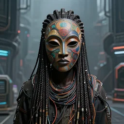 hyper realistic portrait of solape - an intricately detailed african masked cyborg with lots of thick long braids and electrical cables standing in the middle of a broad cyberpunk background, perfect face, fine details, colorful patterns, studio lighting, subtle shadows, art by tim okamura and karol bak, canon eos r 3, f / 1. 4, iso 2 0 0, 1 / 1 6 0 s, wide shot, 8 k, raw, unedited, in - frame