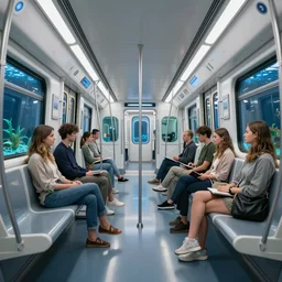 interior view of a futuristic subway car with aquariums instead of car windows, interior design, volumetric light, reflective floor, by kacper niepokolczycki and ward lindhout and bogna gawronska and alicja uzarowska and simon besombes. trending on artstation