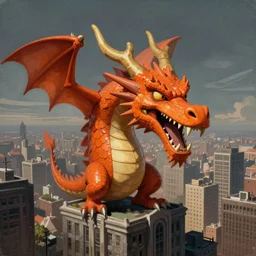a disembodied head of an orange dragon monster stands at the pinnacle of a city, painting, 1561