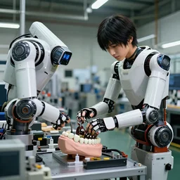 a robot mass production factory where they are assembling their human jaw realistic 4 k by ayami kojima