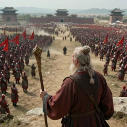 overhead mid shot cinematic artwork of an old Caucasian man on a battlefield with a staff and wearing robes looking to a vast ancient Chinese army wearing red armor and holding red flags in the distance by greg rutowski, masterpiece, fantasy, 4k