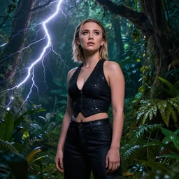 Millie Bobby Brown in a jungle of lightning