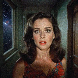 face close-up of Mila Kunis walking through an eerie hallway, starry nebula through window, 1960s, Ludek Pesek, colorful accents, Rick Guidice, Chesley Bonestell, Lucien Rudaux, Rolf Klep, Fred Freeman, George Pal
