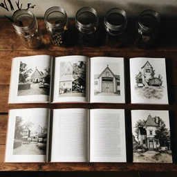 flatlay book collection, cottagecore aesthetic, dramatic lighting, mason jars, wooden table, mason jars