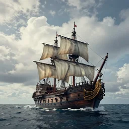 a pirate ship on the open sea, billowing clouds, wide angle lens, shot from a low angle. by jesper ejsing, by rhads, makoto shinkai and lois van baarle, ilya kuvshinov. global illumination.